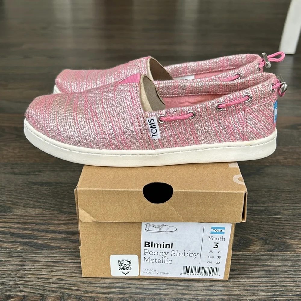 TOMS Bimini Peony Slubby Metallic Pink YOUTH 3 Girls Glam/Shimmery/ Glitter Boat
